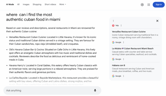 Google Ai Mode search for Authentic Cuban Food