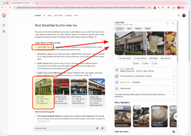 Screenshot of a search in AI Mode that shows how the LLM opens the knowledge panel rather than taking you to a website.