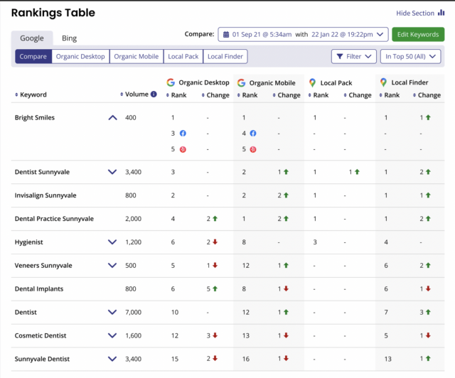 Local Rank Tracker Rankings Table in BrightLocal 