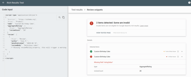 Review Schema Google Rich Results Test Error