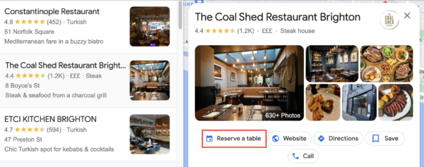 A screenshot of a GBP where the 'Reserve a table' CTA is highlighted